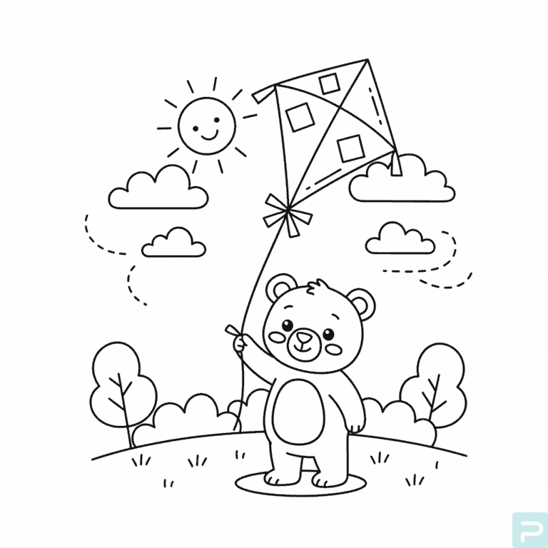 Brown Bear Flying a Kite Coloring Page