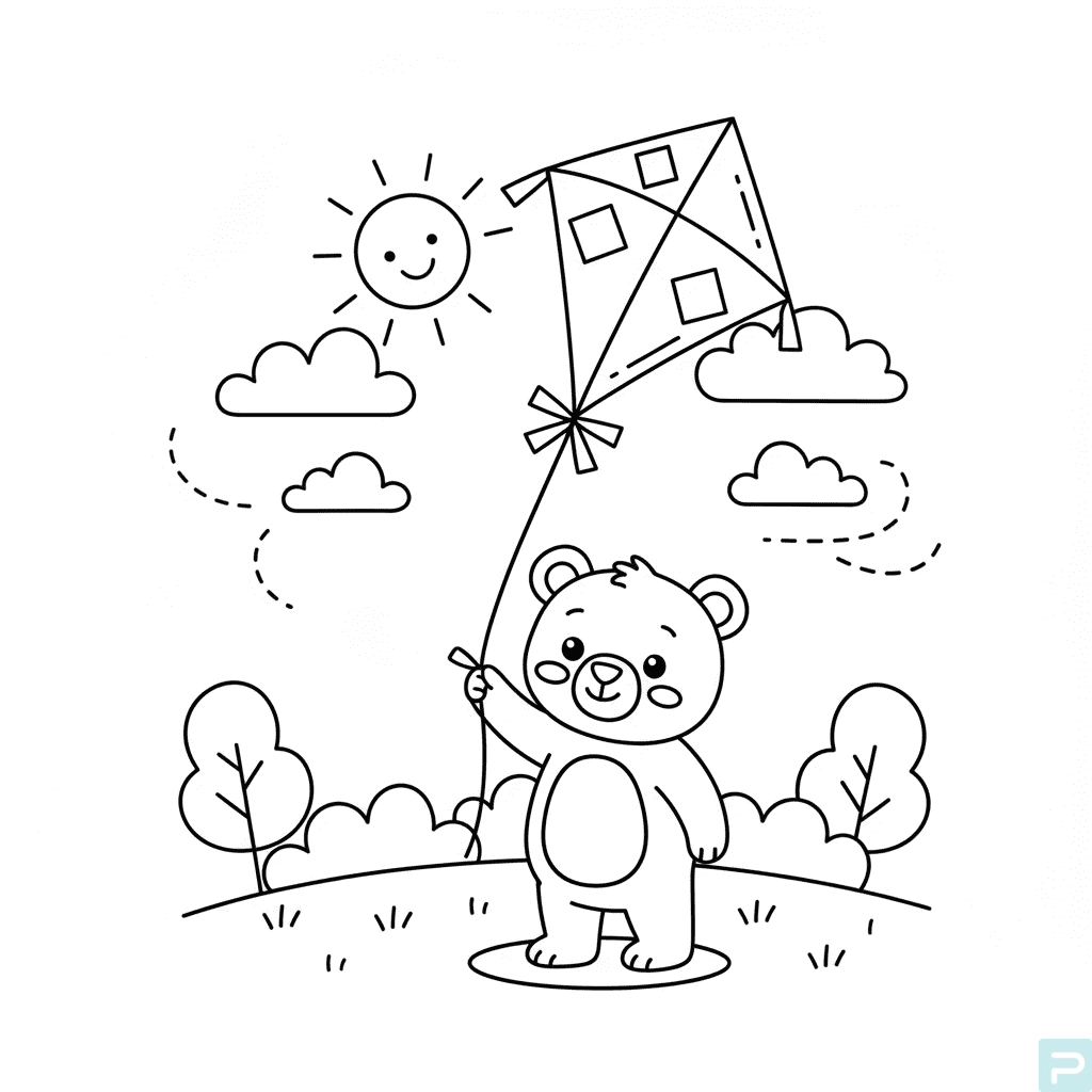 Brown Bear Flying a Kite 1 Brown Bear Flying a Kite Coloring Page