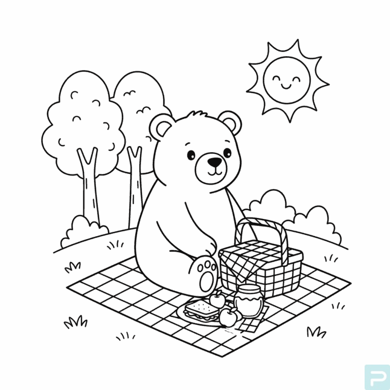 Brown Bear Having a Picnic Coloring Page