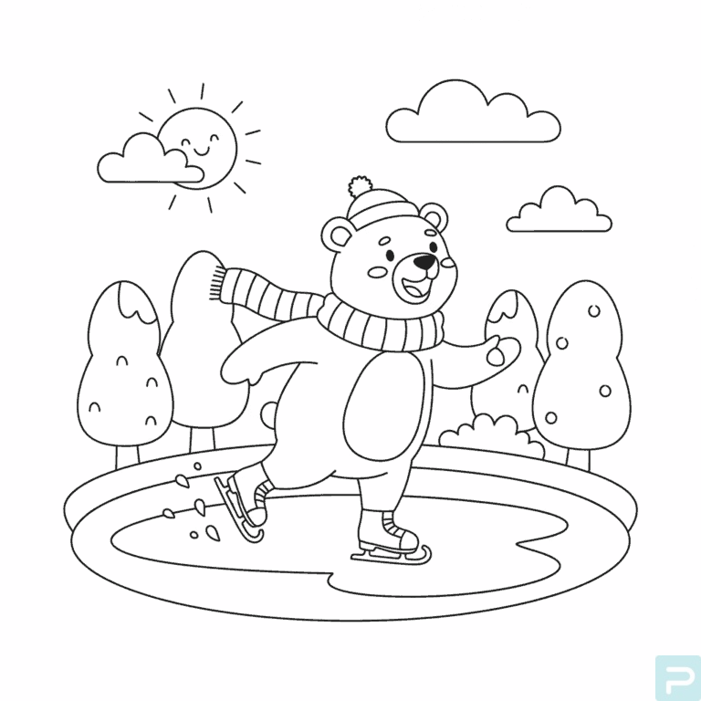 Brown Bear Ice Skating on a Frozen Pond Coloring Page