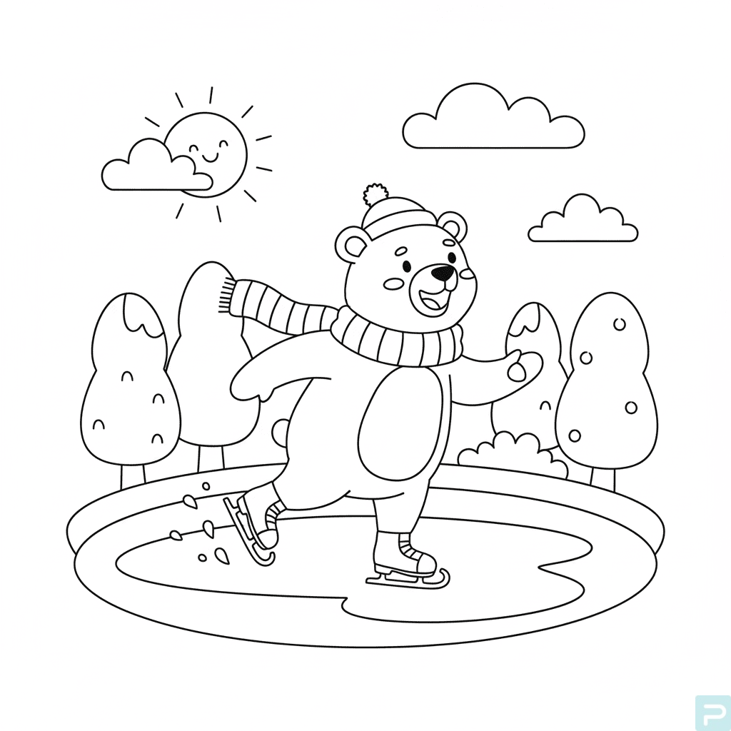 Brown Bear Ice Skating on a Frozen Pond 1 Brown Bear Ice Skating on a Frozen Pond Coloring Page