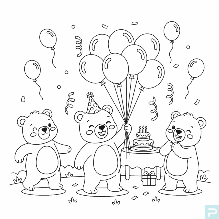 brown bear holding balloons at a party coloring page