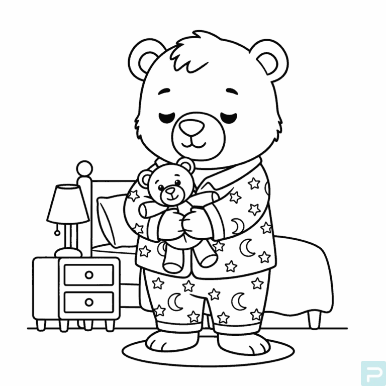 Brown Bear Wearing Pajamas and Holding a Teddy Coloring Page